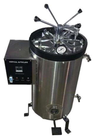 Sentwin vertical autoclave with stainless steel chamber, wing nut lid and pressure gauge.